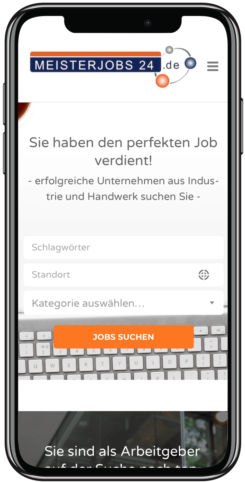 Mobile Ansicht der Website meisterjobs24.de auf einem iPhone